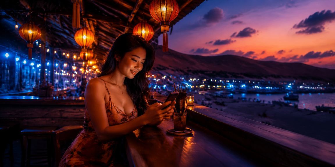 Du khách tại Mũi Né xem kết quả thể thao và kiểm tra kèo trên điện thoại buổi tối tại chợ đêm